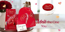 Assorted Lindor Valentine candy bags in red and white on a table