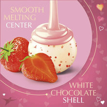 White chocolate shell with smooth melting center and strawberry on candy pouch