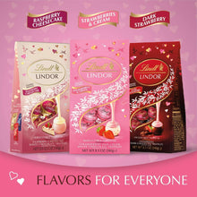 Three Lindor Valentine candy bags: strawberry & cream, raspberry cheesecake, dark strawberry