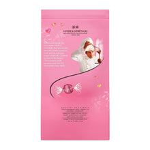 Pink Lindt LINDOR candy pouch back with quantity guarantee text