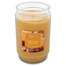 Salted caramel butterscotch scented candle jar with front label, unlit