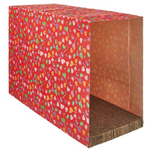 Red cat scratcher paper bag with heart candy pattern and corrugated scratching surface