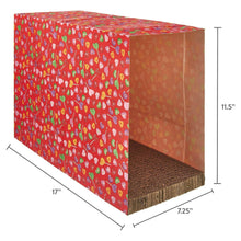 Red cat scratcher paper bag with heart candy pattern and brown cardboard scratching panel