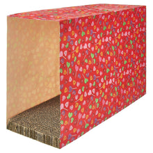 Red cat scratcher paper bag with heart candy pattern and side opening exposing scratch surface