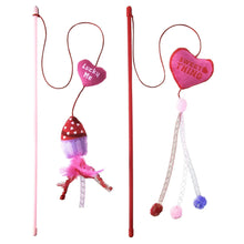 Cat teaser wand set with red and pink handles, heart charm and feather toy accents