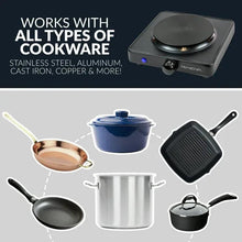 Single-burner hot plate with round coil and black cooktop, front control knob