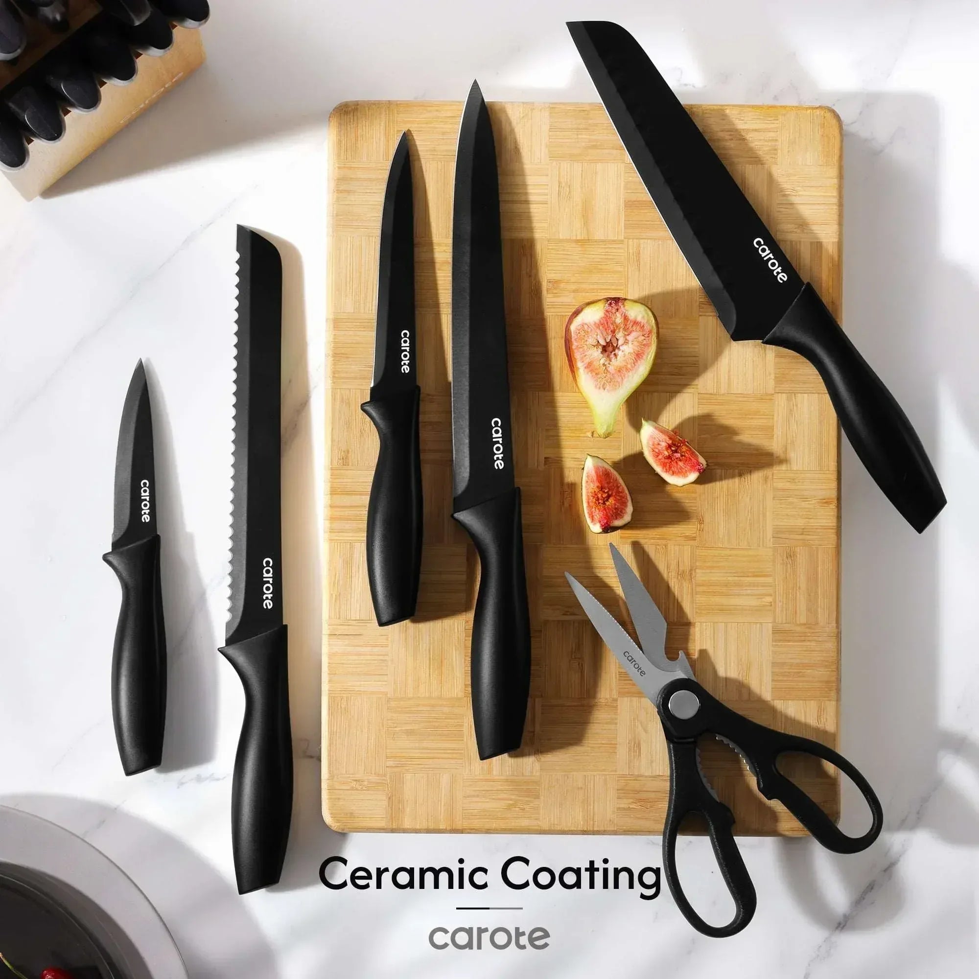 Carote 15-Piece Premium Kitchen Knife Set, Black Ceramic-Coated Blades with Stylish Wooden Block