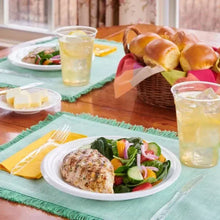 White foam lunch plate with burger, fries, and salad, single serving