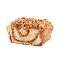 Cinnamon swirl coffee cake with streusel crumb topping and cut swirl detail