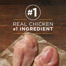 Wet dog food label with real chicken #1 ingredient text over chicken pieces