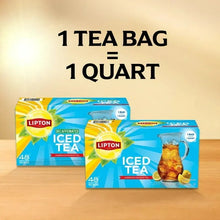 Lipton iced tea boxes showing 48-count family size and quart tea-bag instruction