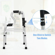 Folding medical mobility walker with black hand grips and central control knob, aluminum frame