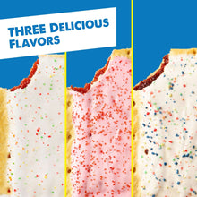 Three toaster pastries with strawberry, cherry, and blueberry icing