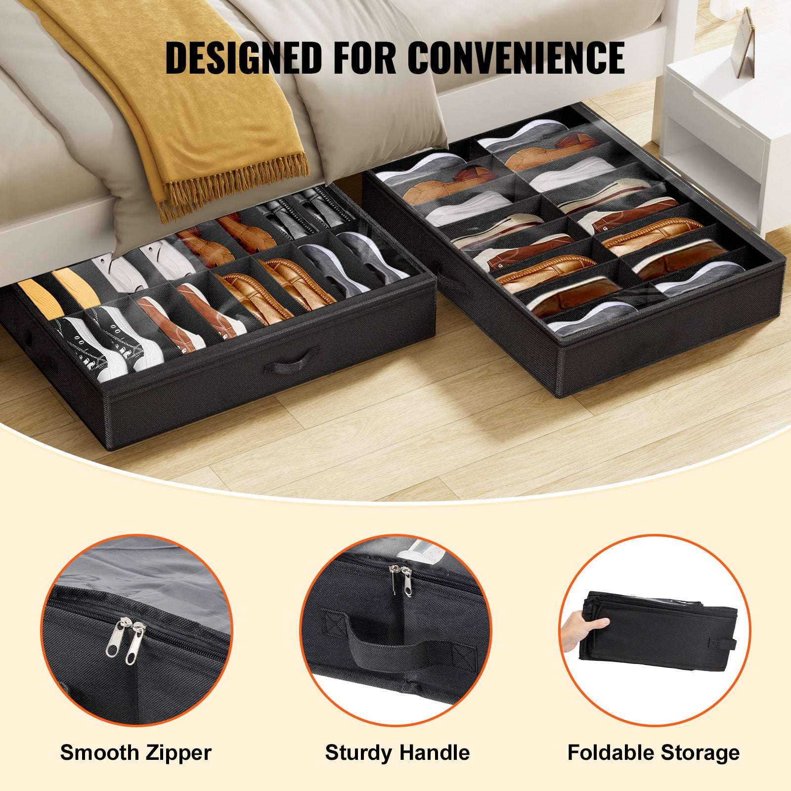 KFFKFF Shoe Storage Units for Under Bed, Pack of 2, Accommodates 32 Pairs, Underbed Footwear Storage System with Transparent Window, Airy, Collapsible Fabric Shoe Holder Box with Sturdy Handles