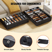 Under-bed shoe organizer pair with clear PVC window, open compartments, black fabric bins