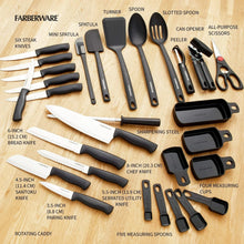 Kitchen knife set with assorted black-handled knives, measuring spoons, and sharpening steel