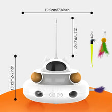 White rotating cat teaser toy with white wand poles and hanging feather lures