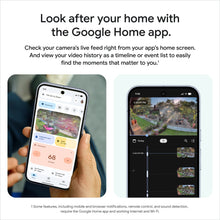Smart phone screens showing security camera live feed and video history timeline