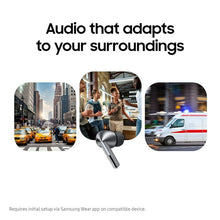 Bluetooth earbuds with three background scene insets, earbuds centered