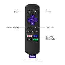 Black Roku remote with directional pad, OK button, and channel shortcut buttons