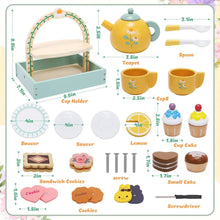 Wooden tea party set parts diagram with teapot, cups, spoon, saucers, and dessert pieces