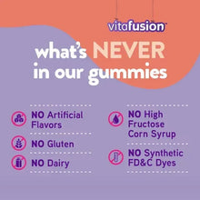 vitafusion gummies 'what's never' label with no artificial flavors and no gluten