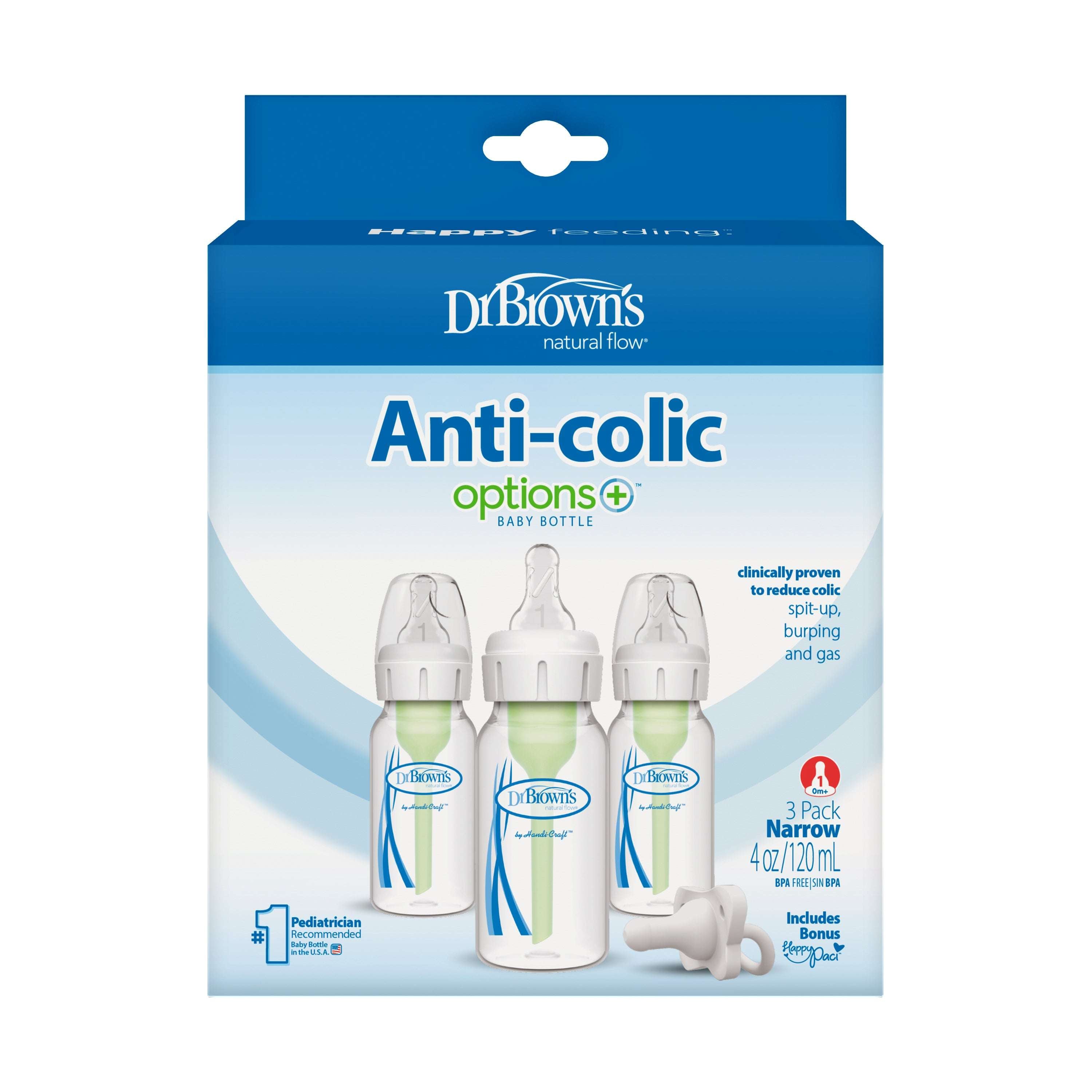 Dr. Brown’s Natural Flow Anti-Colic Options+ Narrow Baby Bottle, 4oz, Slow Flow, 0m+, 3 Pack