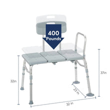 Transfer bench with gray backrest and three padded seat panels with support legs