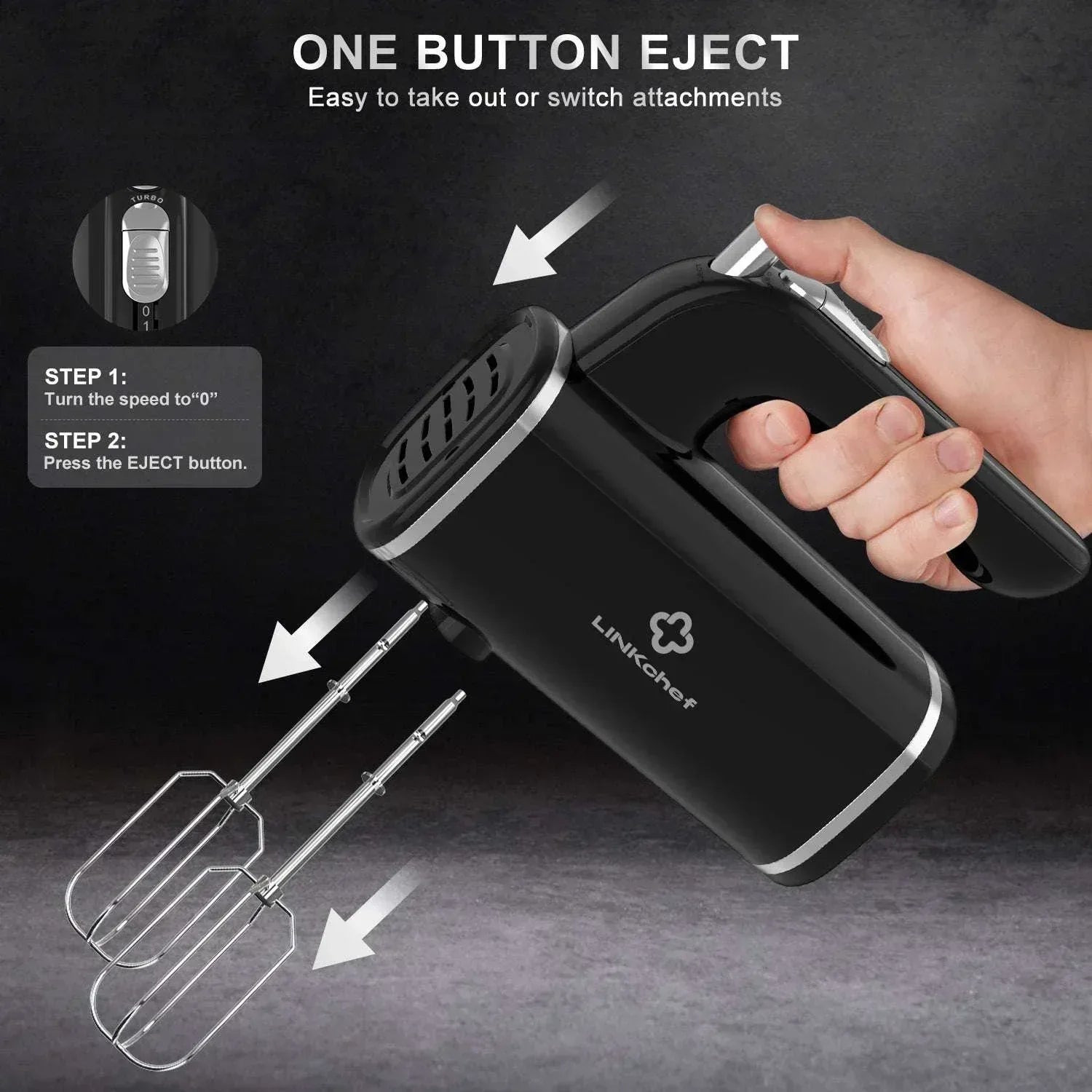 LINKChef Hand Mixer, 450W Turbo Electric Handheld Mixer, 5 Speed Electric Mixers for Kitchen (Black)