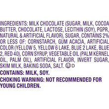 Ingredients list for milk chocolate, including sugar, milk, cocoa butter, and soy lecithin