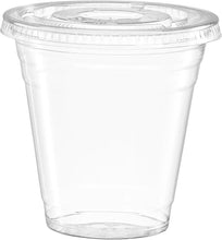Clear plastic disposable coffee cup with ridged rim, no straw or lid shown