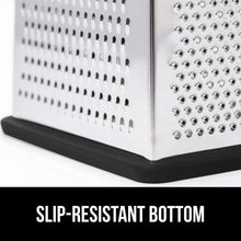 Stainless steel grater box with rows of perforations and non-slip base edge