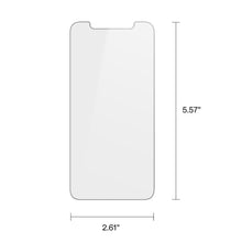Clear glass screen protector with size guide showing 5.57 in by 2.61 in