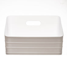 White plastic wide slanted closet organizer bin with molded carry handle cutout