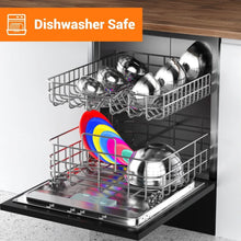 Stainless steel mixing bowls with lids in a dishwasher rack, ready for washing