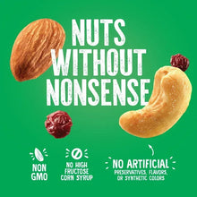 Cashews and almonds with dried cranberries on no-nonsense snack pack graphic