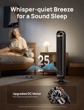 Black bladeless tower fan on floor with top control panel