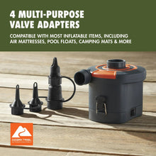 Electric air pump with orange top and four black multi-purpose valve adapters