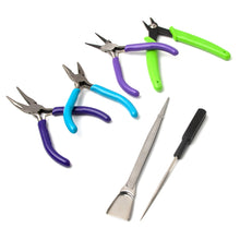 Assorted jewelry pliers with colored handles and metal jaws for crafting and jewelry work