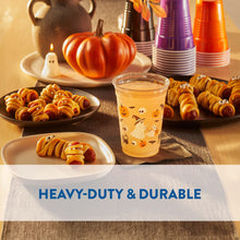 Halloween party cup with orange ghost-and-pumpkin print, shown with stacked cups.