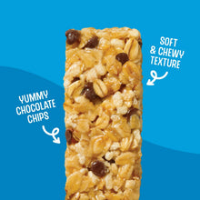 Chocolate chip chewy granola bar close-up with oats and chocolate chips