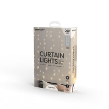 Merkury curtain lights box showing 200 warm white LEDs and remote control