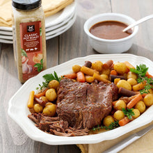 Member's Mark Classic Pot Roast Seasoning bottle beside a plated pot roast with vegetables