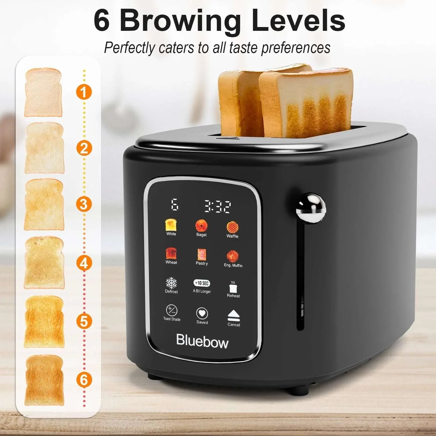 Bluebow 2-Slice Toaster with Touchscreen, 1.5" Wide Slots, 6 Bread Types & Shade Settings, Reheat, Defrost, Cancel, Removable Tray - USA MEGA SHOP