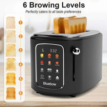 Black 2-slice toaster with touchscreen control panel and top slots with toasted bread