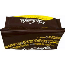 McCafe ground coffee bag, opened top with yellow seal strip