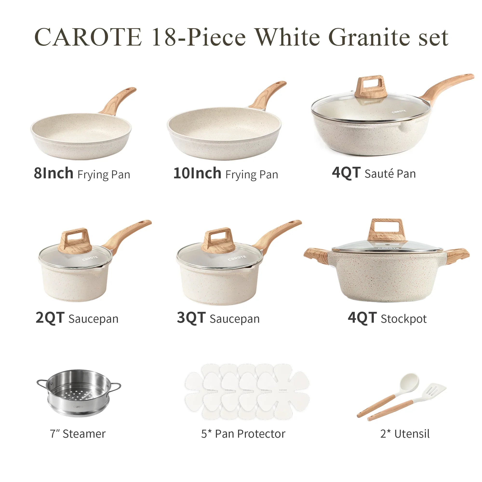 Carote Nonstick Cookware Sets, Granite Pots and Pans Set Non Stick, White