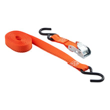 Orange cam buckle tie-down strap with black hooks and metal latch buckle