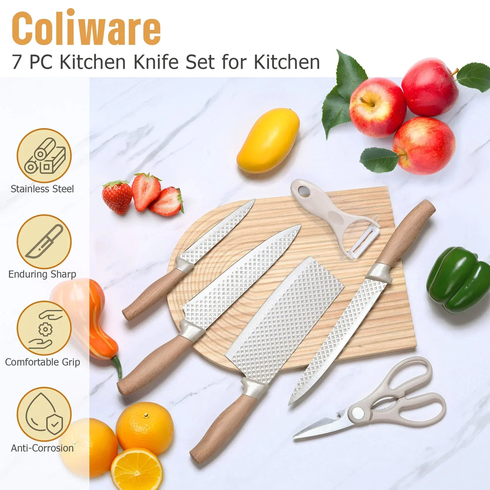 Joyfair Kitchen Knife Set, 7 Pcs Stainless Steel White Knives Block Set for Chef, Super Sharp Professional Knife Set with Universal Knife Block for Home Restaurant, Non-Stick & Anti-Rust - USA MEGA SHOP
