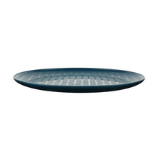 Navy plastic dinner plate with textured grid center and matching rim